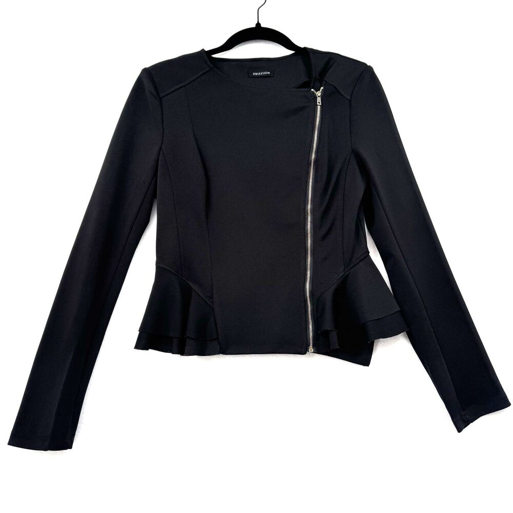 Obsession Black Peplum Moto Jacket Asymmetrical Zip Stretch Biker Edgy Sz Medium